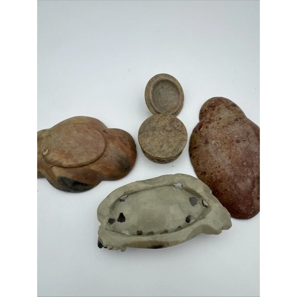 Lot of Four (4) Small Vintage Soapstone Motifs - Trinket Box Ashtray Inkwell